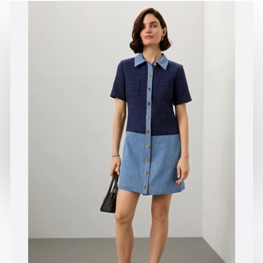 Sandro Brooke Mixed Media Shirt Dress Navy Blue Tweed and Denim